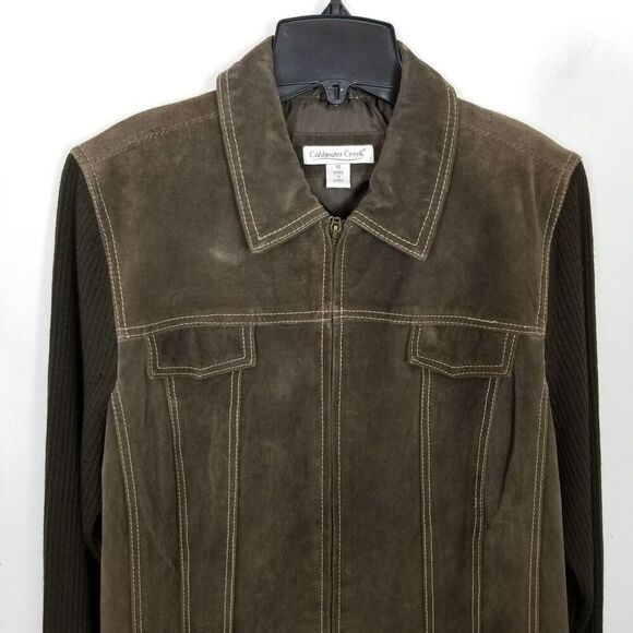 Coldwater Creek Women Leather Suede Knit Jacket Sz 16 Brown Zip Up Classic - Picture 2 of 8